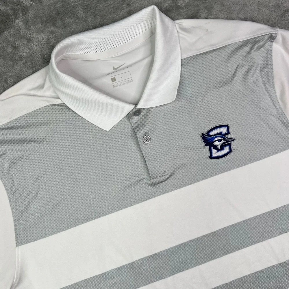 Nike Creighton Bluejays Dri-FIT Polo Shirt Mens Large White Grey Striped Stretch